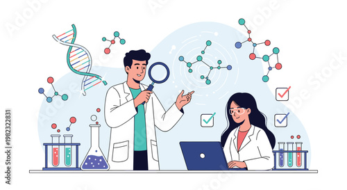 Laboratory research and scientific discovery features a team of scientists analyzing molecules and data together.