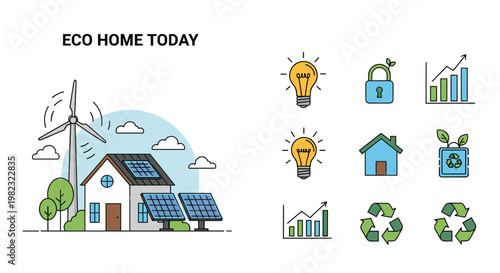 Eco friendly home today features a modern house powered by solar panels and a wind turbine for clean green energy.