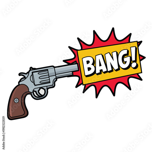 Revolver gun fires a shot with a comic style explosion bubble reading the word bang clearly.