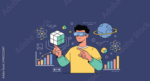 Virtual and augmented reality technology concept shows a man using a headset to manipulate several digital 3D cubes.