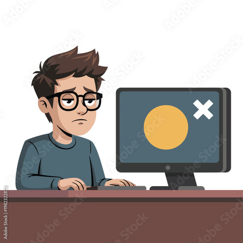 Programmer works at a computer desk while appearing tired and frustrated with his software.