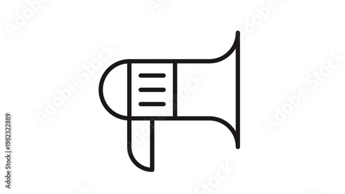 Minimalist black line art megaphone vector icon illustration for communication, marketing, and advertising announcements, isolated on a white background for clean graphic design projects.