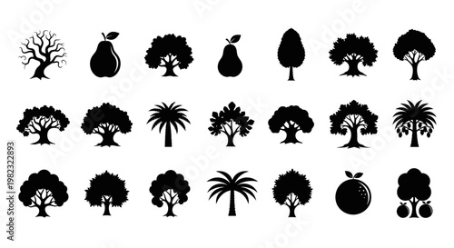Collection of various tree silhouettes and icons.
