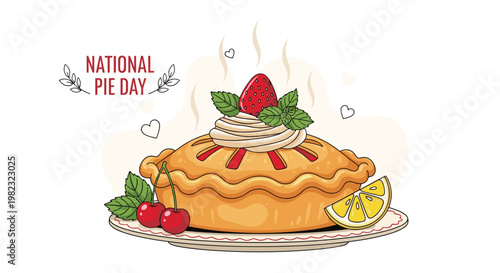 National Pie Day celebration shows a delicious freshly baked pie with whipped cream, strawberry, and a lemon wedge.