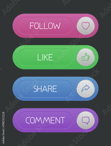 Social media call-to-action button set with the texts "Follow", "Like", "Share", and "Comment". Perfect for digital marketing, content creators, apps, and online campaigns.