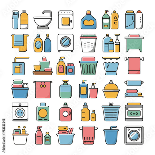 Laundry equipment and washing supplies are organized in this grid of colorful flat icons set.