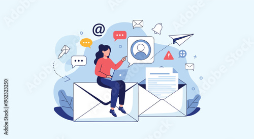 Woman sitting on top of a giant envelope uses her laptop to manage digital communications including emails, messages, and notifications.