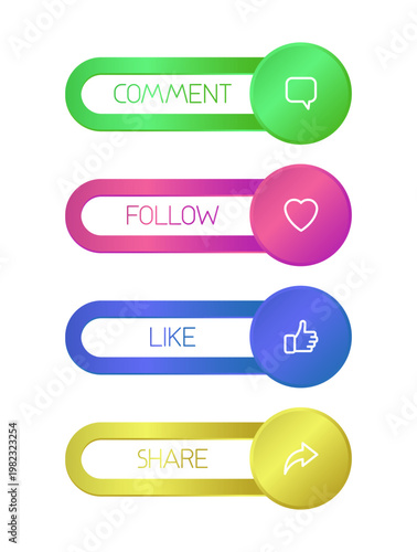 Social media call-to-action button set with the texts "Follow", "Like", "Share", and "Comment". Perfect for digital marketing, content creators, apps, and online campaigns.
