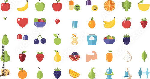 Healthy Lifestyle and Fresh Fruit Icons Set Featuring Vitamins, Juices, Vegetables, and Fitness Symbols for Websites, Apps, and Digital Media