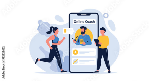 Active woman runs past a large smartphone screen featuring an online fitness coach while a personal trainer observes with a clipboard.