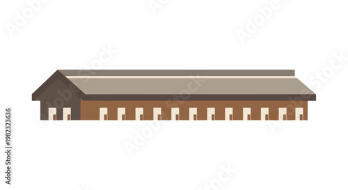 Flat vector illustration of a long barn building with multiple stable stalls.
