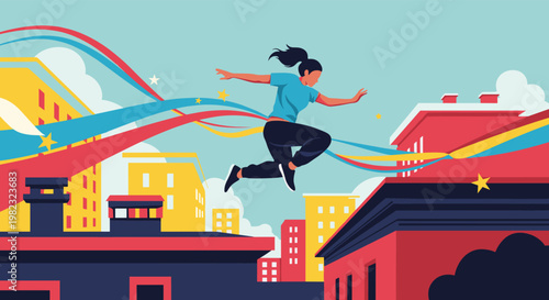 Energetic woman performs parkour by jumping across colorful city rooftops with vibrant colorful ribbons trailing behind her movement.