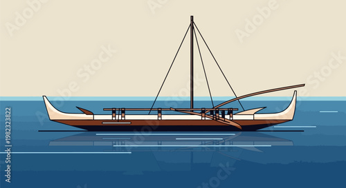 Traditional Polynesian Outrigger Canoe Sailing on the Open Sea.