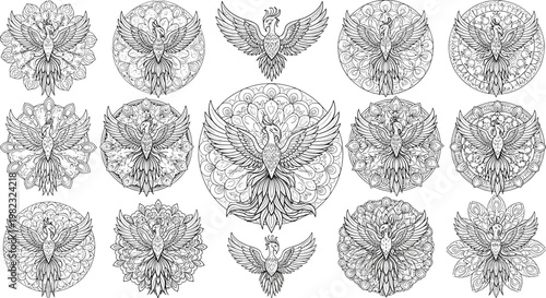 Intricate Phoenix Bird Illustration Icons Set Featuring Detailed Feather Patterns and Circular Designs for Websites, Apps, and Digital Media