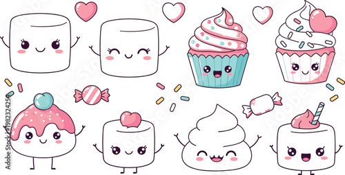Kawaii Dessert Characters Set with Cute Cupcakes, Marshmallows, Candy, and Sweet Treats in Pastel Colors