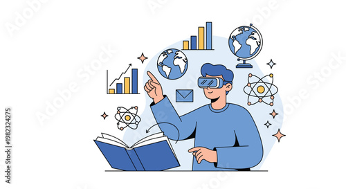 Student wearing a virtual reality headset explores educational topics like geography, science, and data analysis in an immersive environment.
