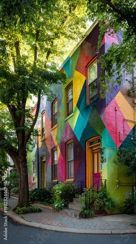 Vibrant geometric street art mural covering multi story brick apartment building on city sidewalk.
