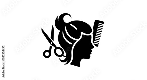 Stylized silhouette of woman with hair styling tools on white background