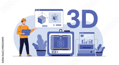 Industrial engineer uses a laptop and specialized software to manage a 3D printing process while large screens display design models.