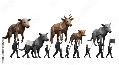 People leading various animals in a procession line