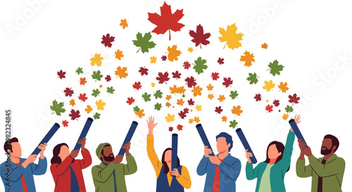 Diverse people celebrating with confetti and leaf blowers in autumn