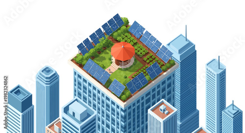 Sustainable city with green rooftop and solar panels on skyscrapers