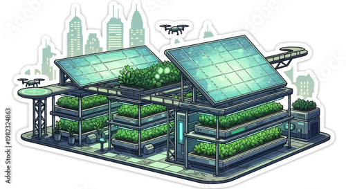 modern vertical farm with solar panels and drones
