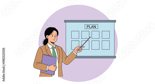 Professional woman pointing at a business plan on a board in this flat vector graphic illustration