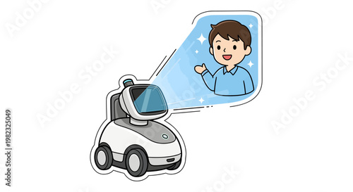 Cartoon robot car with happy man in speech bubble