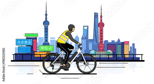 Cyclist riding bike in front of city skyline