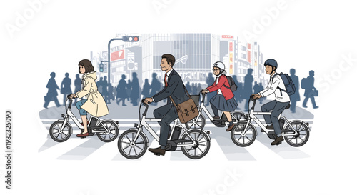 Commuters riding bicycles through city street with dog