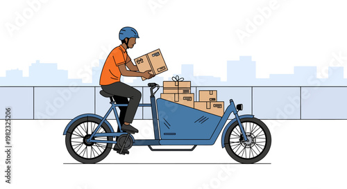 Delivery man on bicycle with cardboard boxes in cargo bike