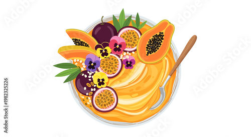Fresh fruit bowl with banana, papaya and passionfruit