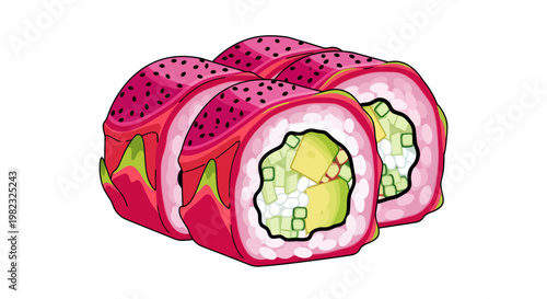Vibrant pink sushi rolls with green filling on white background
