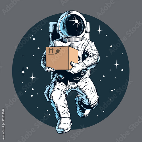 Astronaut courier holding a parcel package cardboard craft box in outer space. Super fast express delivery or moving service. Vector illustration.