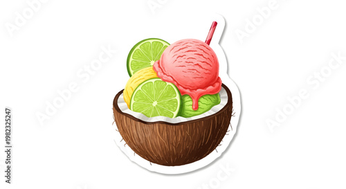 colorful coconut with ice cream and lime slices