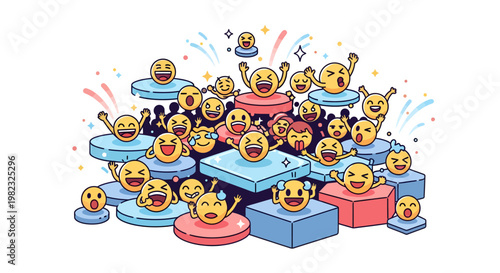 Colorful emojis on gift boxes, celebrating and confetti