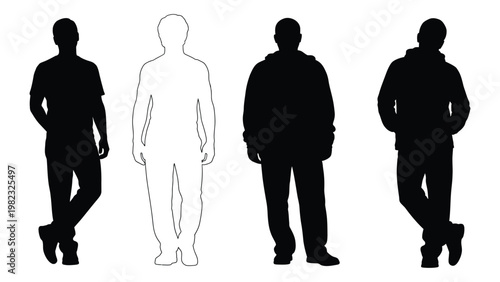 Four male silhouettes displayed in varying shades from black to white