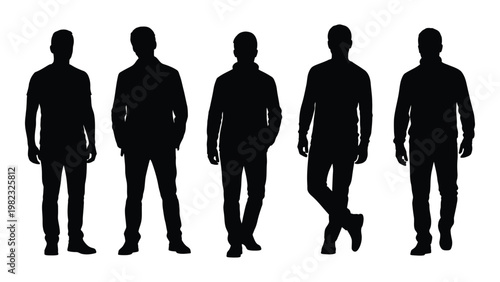 Five silhouetted men standing in a row facing forward with varied poses