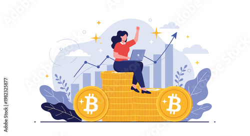 Successful investor sitting on top of a giant stack of bitcoin coins celebrates market growth while using her laptop.