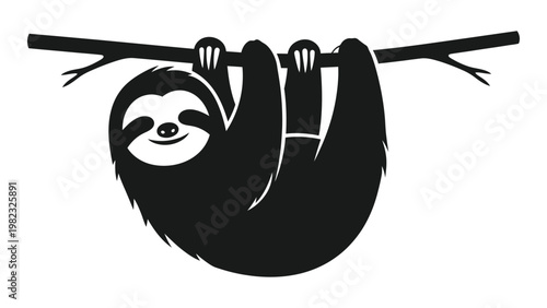 A black and white illustration of a sloth hanging upside down from a branch