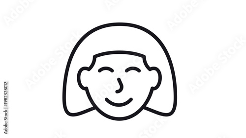 Minimalist black line art vector illustration of a woman's face with a bob hairstyle and a friendly smile, isolated on white. Ideal for avatar, profile, user interface, or character design.