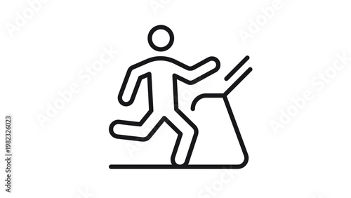 Minimalist black vector icon illustration of a person running on a treadmill machine, representing fitness, gym cardio workout, physical exercise, and healthy lifestyle in a clean line art style.