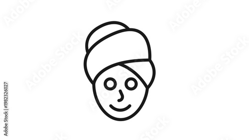 Minimalist black line art vector icon of a person's face with a towel wrapped around their head and a facial mask, representing skincare, beauty treatments, spa wellness, and self-care.