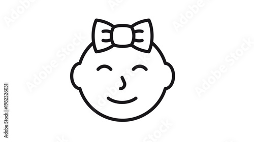 Minimalist black line art vector icon of a happy smiling baby girl face with a bow on her head, isolated on white. Scalable illustration for infant care, parenting, and childhood graphic design.