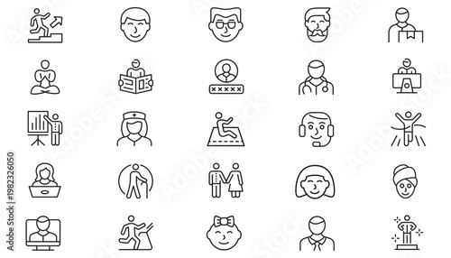 25 Black Vector Icon Set of People and Professions. Minimalist Symbols for Business, Healthcare, Fitness, Education, and Lifestyle. Includes Avatars, Success, Achievement, and Daily Activity Icons.