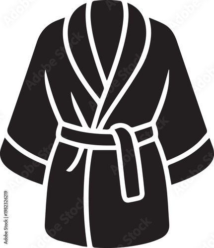 Black silhouette icon of cozy plush bathrobe with belt for spa wellness and morning routine clothing isolated on white background symbol