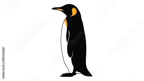A minimalist illustration of a king penguin in profile with a trailing object