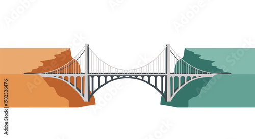 Minimalist vector illustration of a suspension bridge connecting two different land masses.