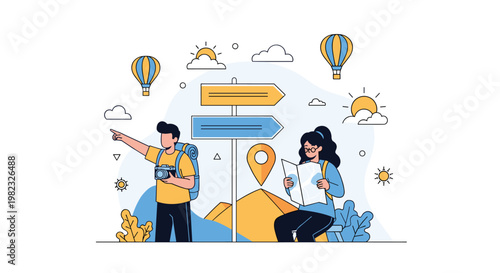 Pair of travelers consult a paper map and look toward signposts while planning their next destination in a scenic park with mountains.